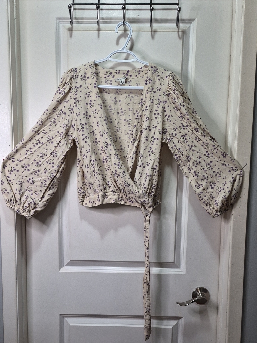 American Eagle Outfitters Cream Floral Wrap Blouse with Purple Print